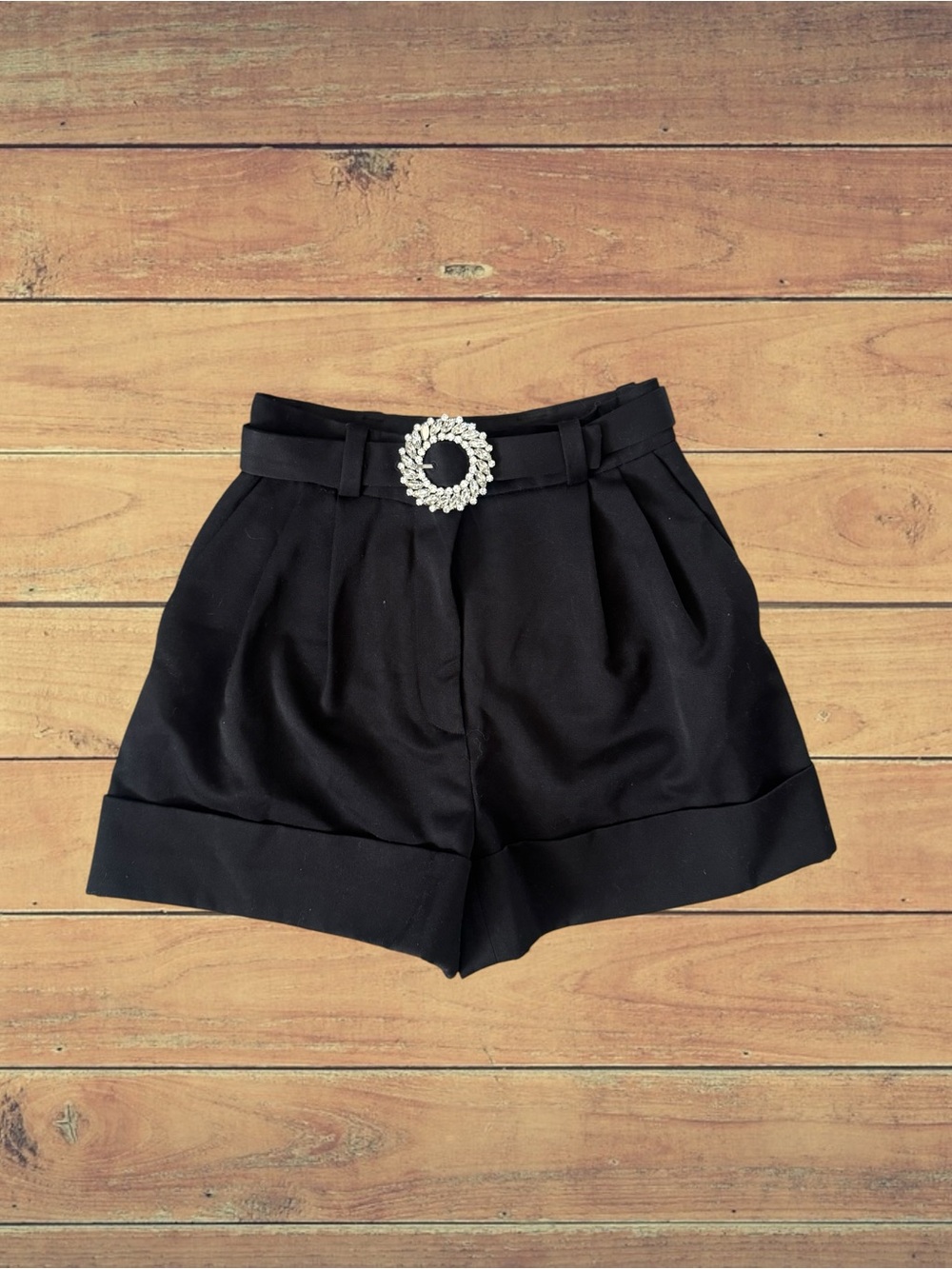 Miu Miu Black High-Waist Pleated Wool Shorts with Rhinestone Buckle, IT 40/US 4